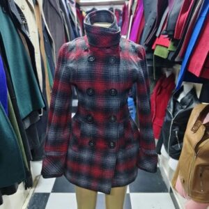 Double-breasted red and grey plaid funnel-neck pea size 10 coat